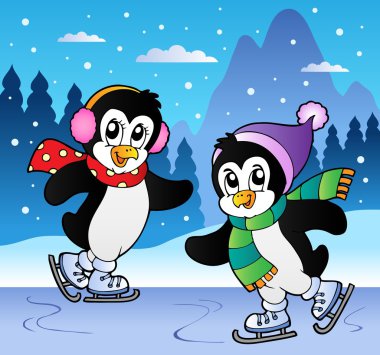 Winter scene with skating penguins clipart