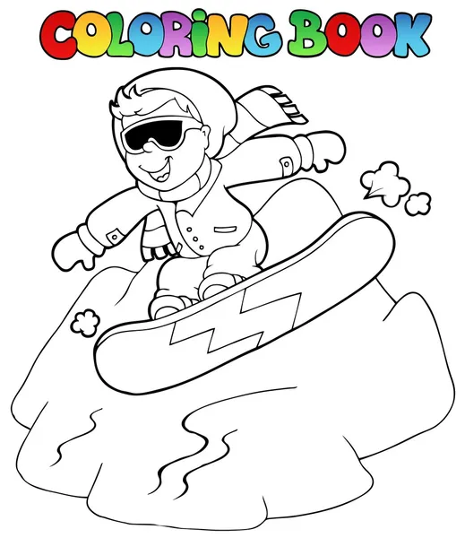 Coloring book boy on snowboard — Stock Vector