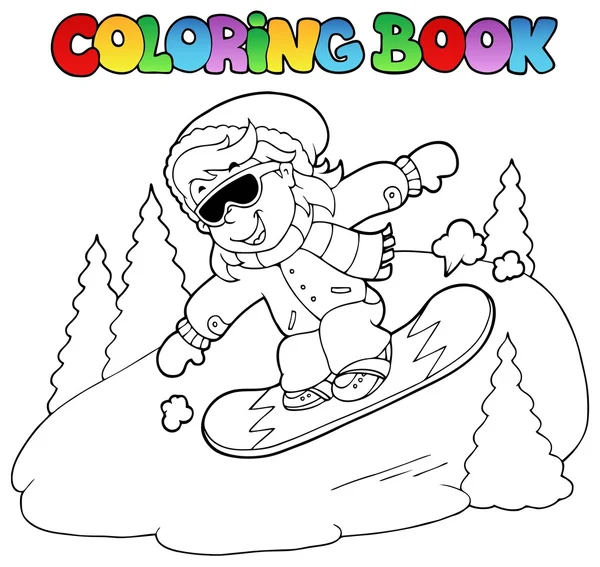 在滑雪板上的着色书女孩。 — 图库矢量图片