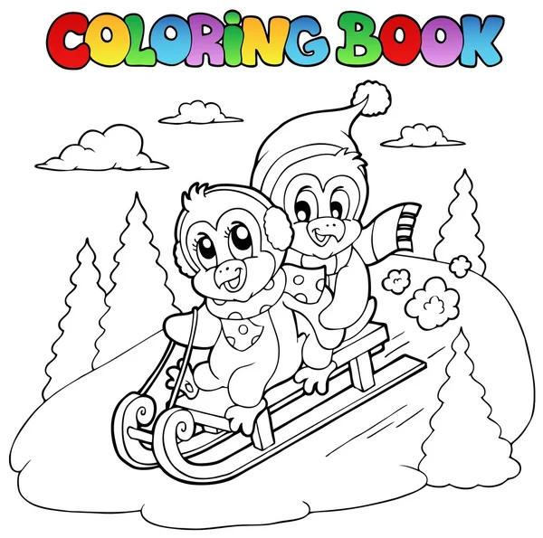 Coloring book penguins sledging — Stock Vector