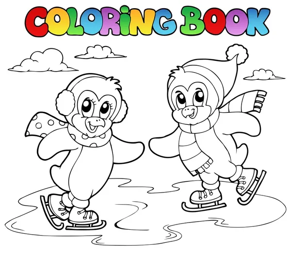 Coloring book skating penguins — Stock Vector