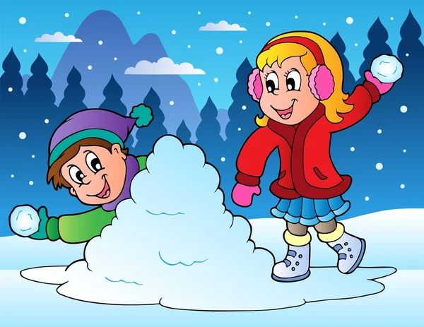Τα δύο παιδιά που ρίχνουν μπάλες χιονιού — Διανυσματικό Αρχείο