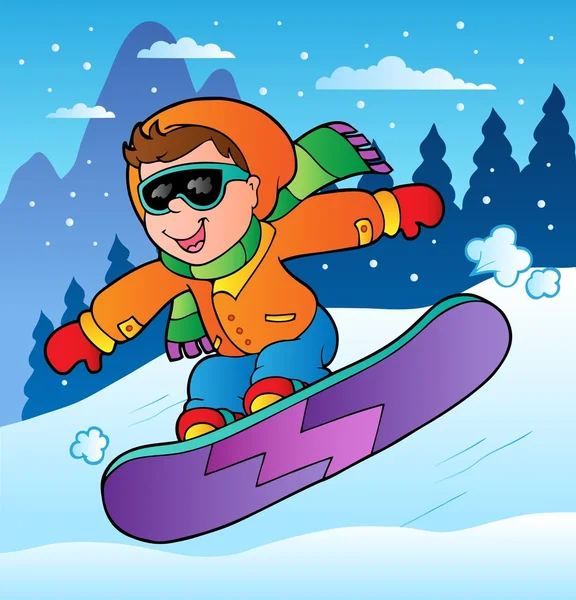 Зимняя сцена с мальчиком на сноуборде — стоковый вектор