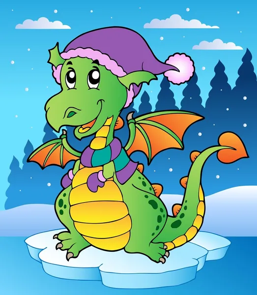 Scène d'hiver avec dragon mignon — Image vectorielle