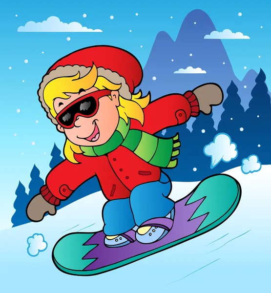 Scène d'hiver avec fille sur snowboard — Image vectorielle