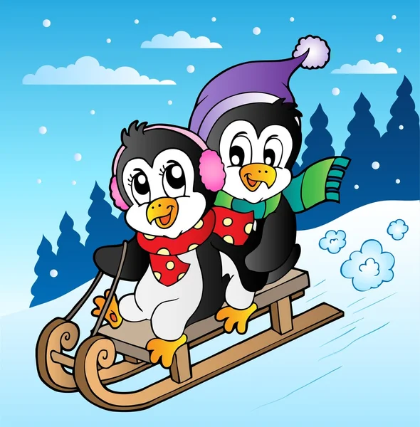 Winters tafereel met pinguins sleetje rijden — Stockvector