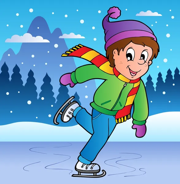 Зимова сцена з хлопчиком на ковзанах — стоковий вектор