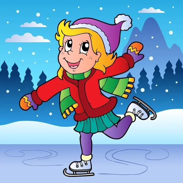 Escena de invierno con chica patinadora — Vector de stock