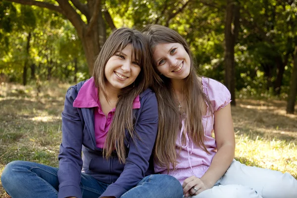 Two happy sisters at the park — Stock Photo, Image