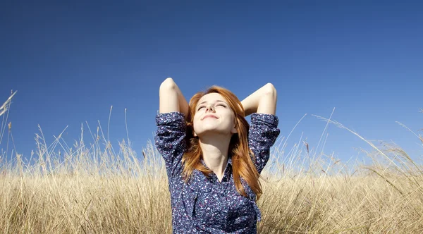 快乐的红发女孩秋季草地上的肖像. — 图库照片