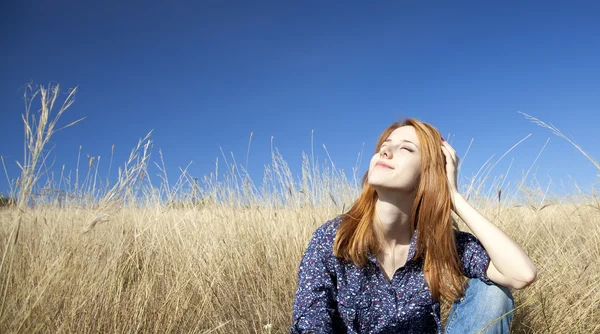 快乐的红发女孩秋季草地上的肖像. — 图库照片