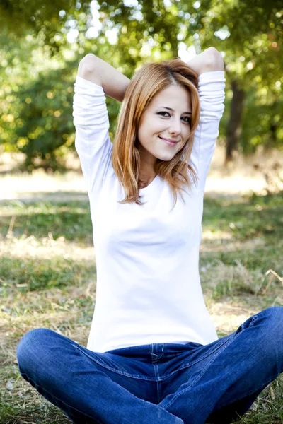 Portrait redhead girl at outdoor. — Stock Photo, Image