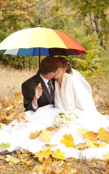 Casal sentado no parque com guarda-chuva — Fotografia de Stock