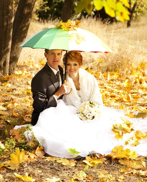 Ζευγάρι συνεδρίαση στο πάρκο με ομπρέλα — Φωτογραφία Αρχείου