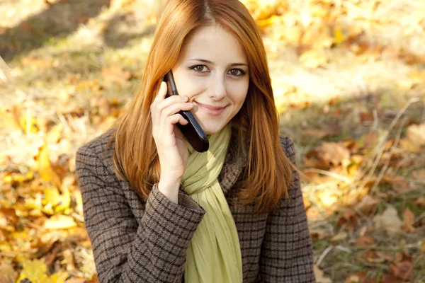 Red-haired girl calling by the phone in the autumn park. — Stock Photo, Image