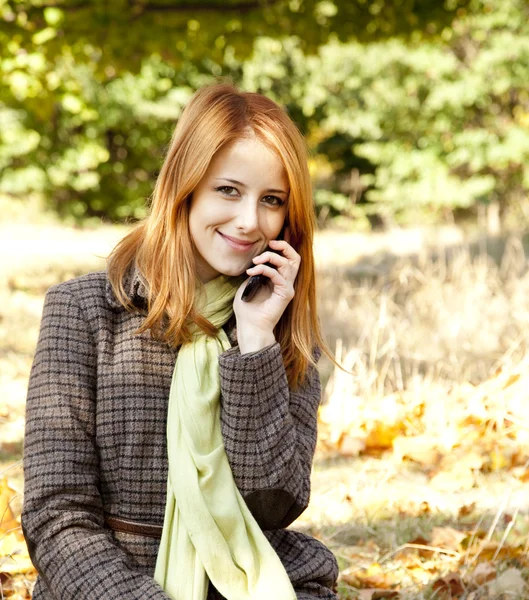 Fille aux cheveux roux appelant au téléphone dans le parc d'automne . — Photo