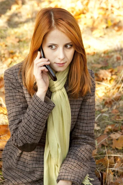 红头发的女孩式在秋天公园电话. — 图库照片