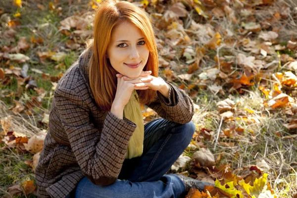Ritratto di ragazza dai capelli rossi nel parco autunnale — Foto Stock