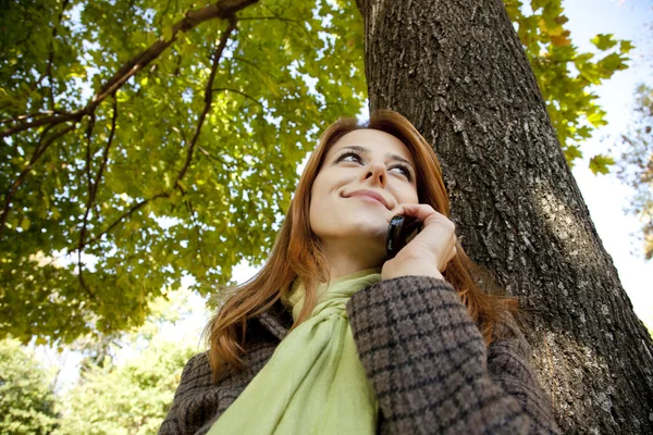Red-haired girl calling by the phone in the autumn park. — Stock Photo, Image