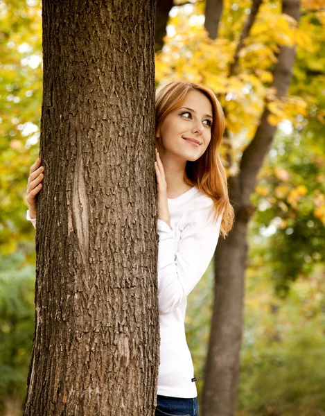 Portrait de fille aux cheveux roux dans le parc d'automne . — Photo