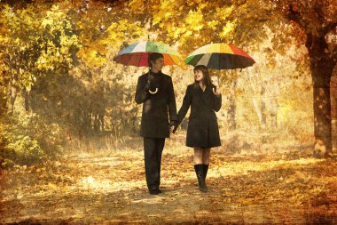 Couple walking at alley in autumn park. clipart