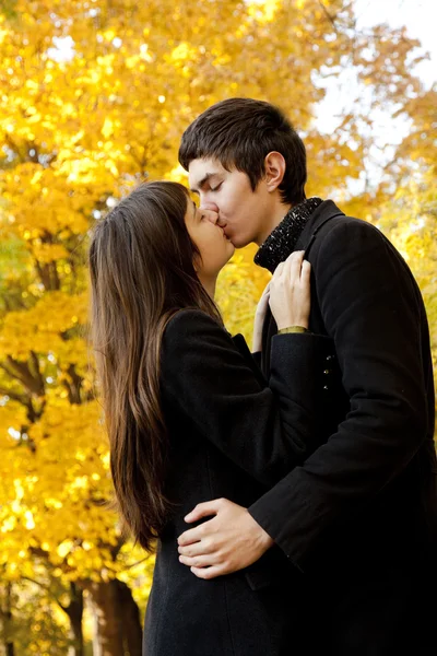 在巷子里在公园接吻的情侣. — 图库照片