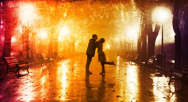 Couple walking at alley in night lights. — Stock Photo, Image