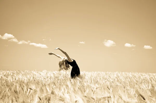 Девушка на весеннем пшеничном поле . — стоковое фото