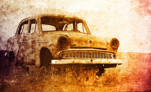 Stary samochód w pole. zdjęcie w stylu multicolor obrazu — Zdjęcie stockowe