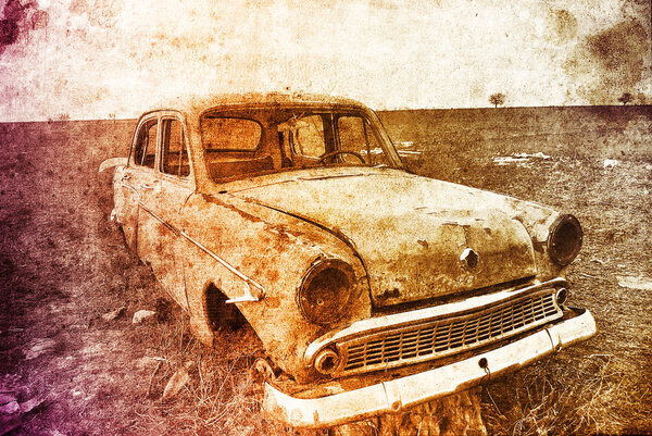 Old car at field. Photo in multicolor image style