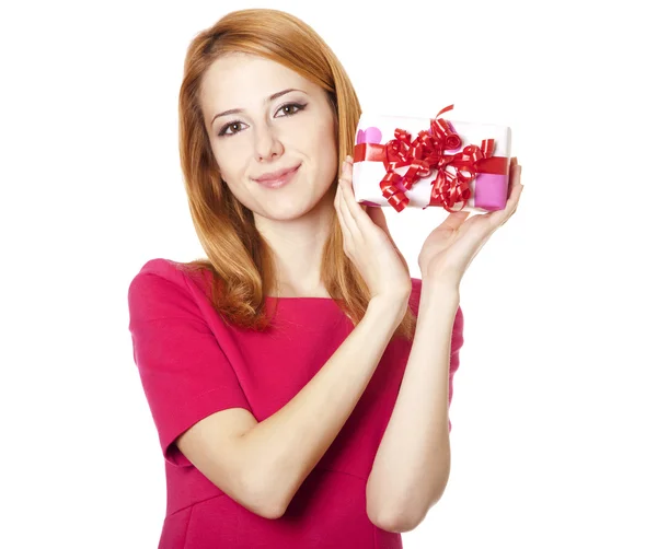 Red-haired girl in dress with present box — Stock Photo, Image