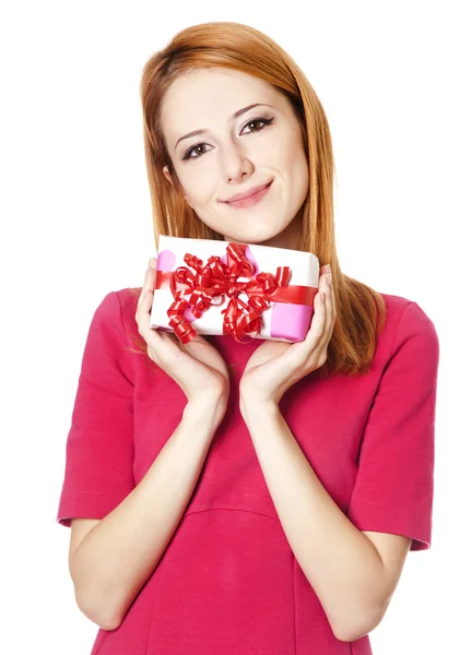 Beautiful red-haired girl with present box — Stock Photo, Image