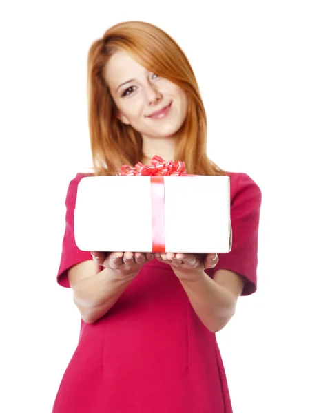 Beautiful red-haired girl with present box — Stock Photo, Image