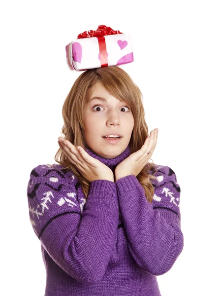 Blonde girl with present box over head at st. Valentine's day. — Stock Photo, Image