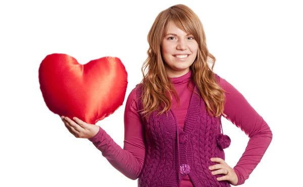 Blonde girl with toy heart at st. Valentine's day. — Stock Photo, Image