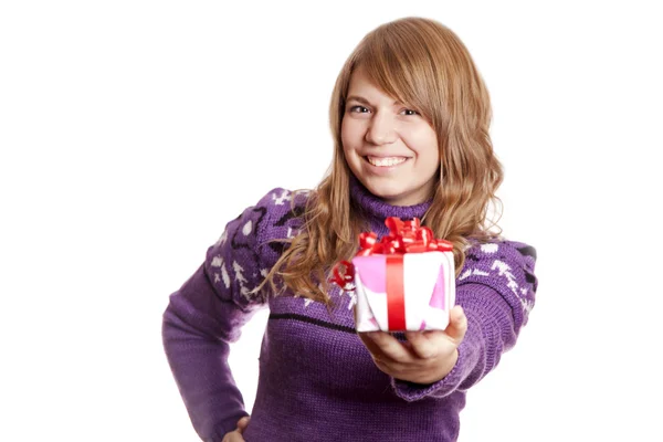 Blonde girl with present box at st. Valentine's day. — Stock Photo, Image