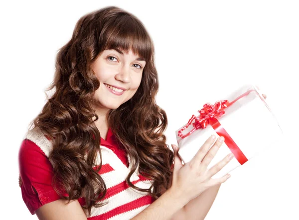 Surprised brunette girl with present box. — Stock Photo, Image