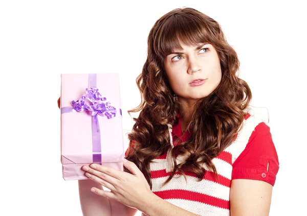 Surprised brunette girl with present box. — Stock Photo, Image