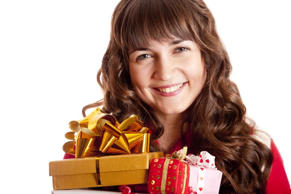 Beautiful brunette girl with present box. — Stock Photo, Image