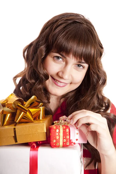 Beautiful brunette girl with present box. — Stock Photo, Image