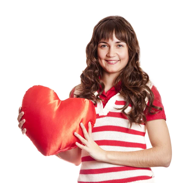 Beautiful brunette girl with toy heart. Photo for st. Valentine — Stock Photo, Image