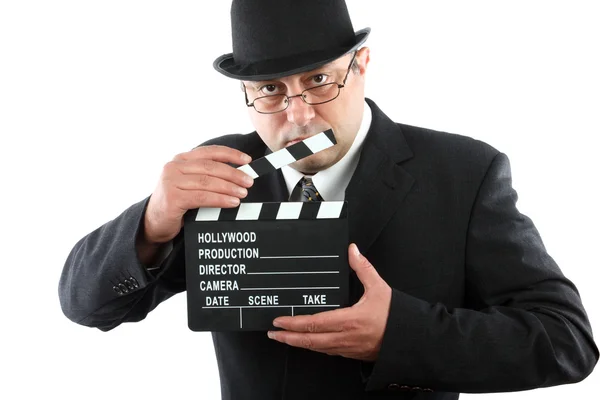 Man holding movie clapboard — Φωτογραφία Αρχείου