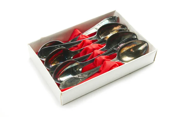 Old group of teaspoons in box — Stock Photo, Image