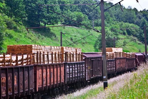 Carros de trem são carregados por tábuas — Fotografia de Stock