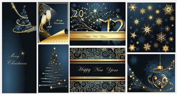 Feliz Natal e Feliz Ano Novo coleção de ouro e azul — Vetor de Stock