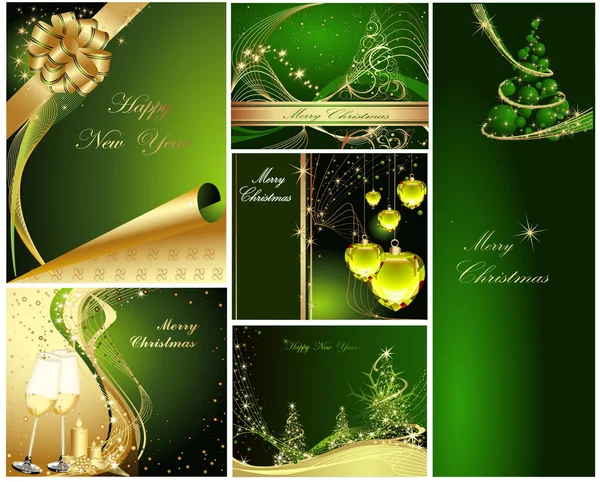 Merry Christmas and Happy New Year collection gold and green — Stock Vector