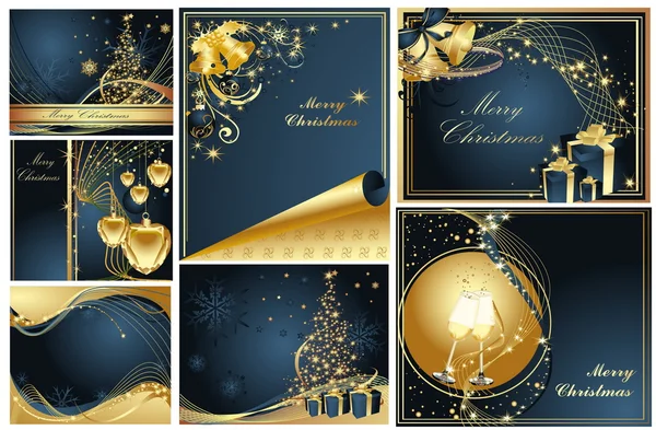 Prettige kerstdagen en gelukkig Nieuwjaar collectie goud en blauw — Stockvector