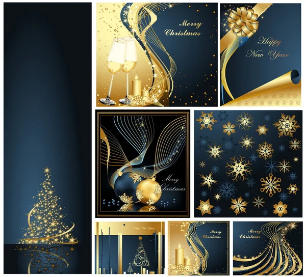 Καλά Χριστούγεννα και Ευτυχισμένο το νέο έτος συλλογής χρυσό και μπλε — Διανυσματικό Αρχείο