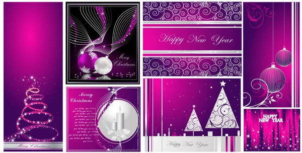 Vrolijk Kerstfeest en Gelukkig Nieuwjaar collectie zilver en violet — Stockvector