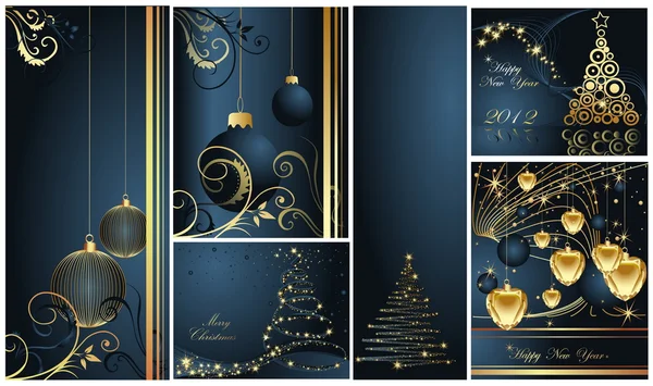 Boldog Karácsonyt és boldog új évet gyűjtése arany és kék — Stock Vector